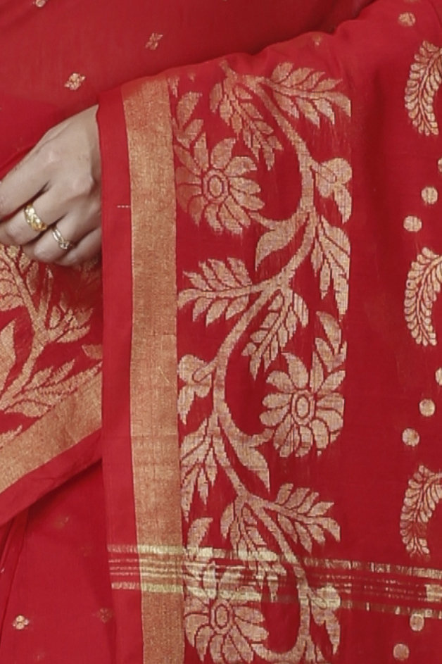 Red Blended Cotton Turik Hand Loom Saree (1248)
